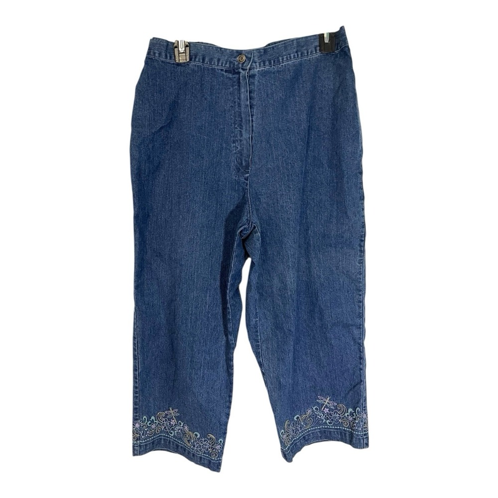 Alfred Dunner 12 Blue Denim Capri Pants Embroidered Dragonfly Cottagecore Boho